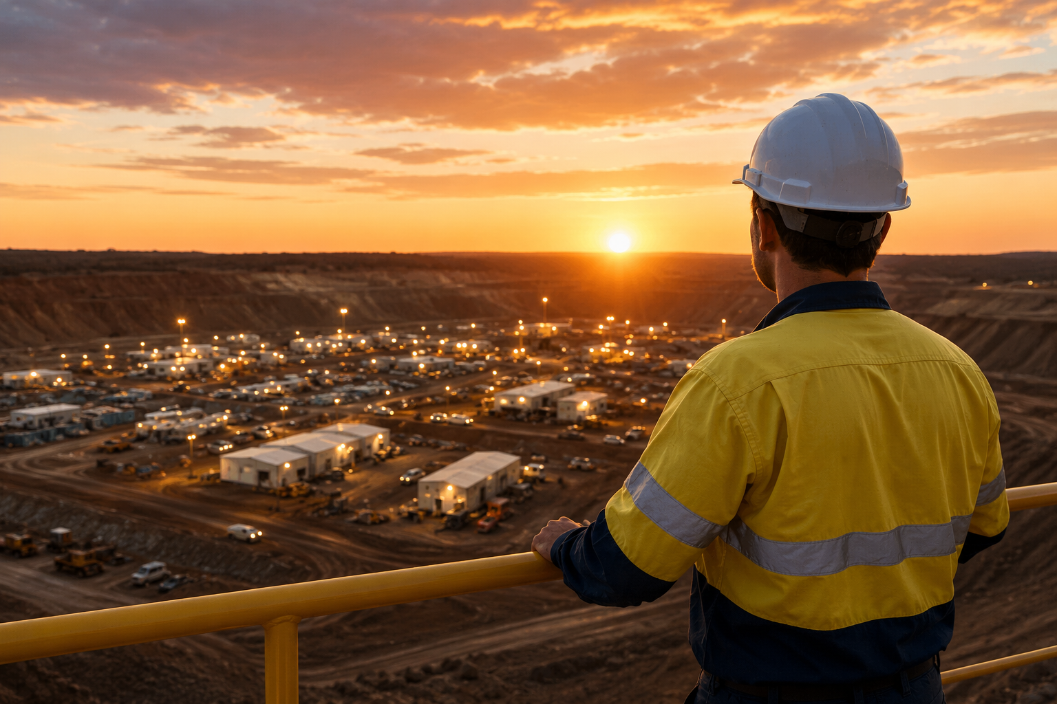 FIFO worker in hi-vis watching sunrise over a mine site in Australia